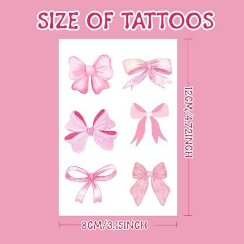 96 PCS Pink Coquette Bows Temporary Tattoos Stickers, Pink Bow Party Favors Coquette Bow Birthday Party Decorations Supplies for Adults Women, 16 Sheets