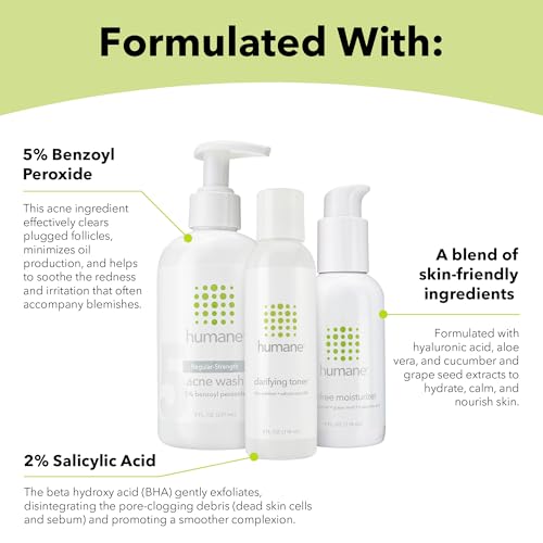 humane Regular-Strength Acne Wash, Clarifying Toner and Oil-Free Moisturizer Bundle - 5% Benzoyl Peroxide Acne Treatment