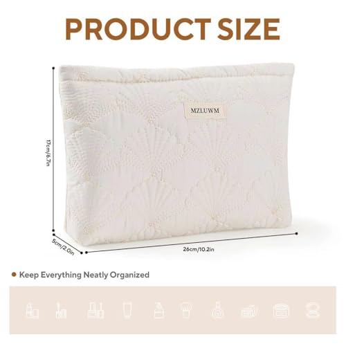 White Cotton Quilted Makeup Pouch£¬Cute Puffy Coquette Makeup Bag,Floral Cotton Quilted Cosmetic Bag for Women and Girls,Makeup Organizer Bag Zipper Pouch (White Shells)