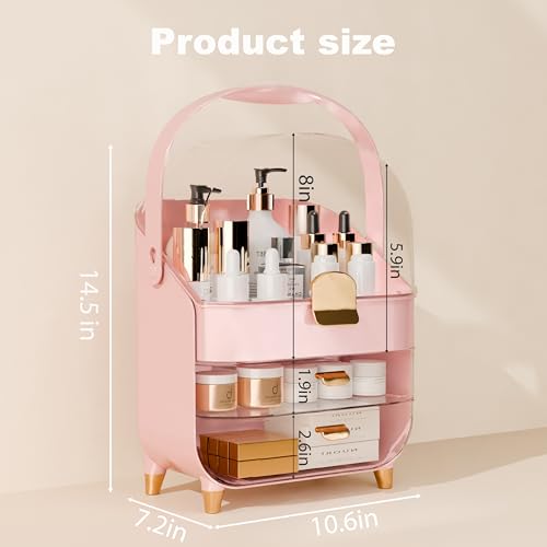 Makeup Organizer Countertop With Lid And Drawers Large Skin Care Cosmetic Display Case Holder for Vanity Desk Bathroom Storage Box,Pink