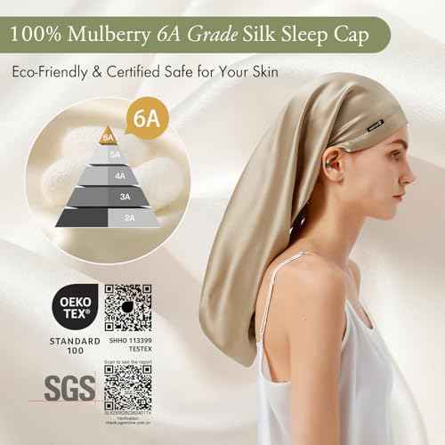 LILYSILK Mulberry Silk Sleep Cap 100% 19 Momme Long Silk Bonnet for Curly Hair, Night Cap for Sleeping, Silk Hair Wrap for Women Coffee