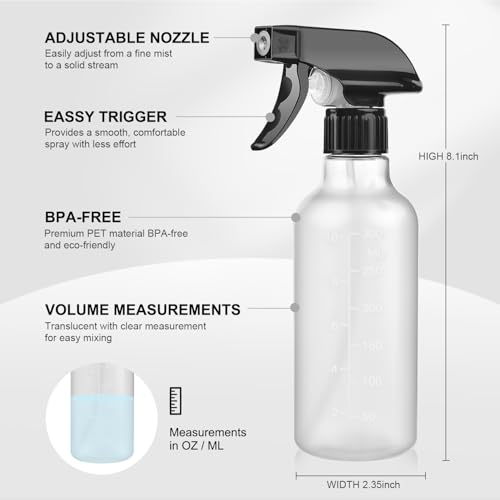 Bealee Spray Bottles 2 Pack, 10 Oz, Mist & Stream, Heavy Duty Spraying Empty Water Sprayer Bottle, BPA Free Plastic Refillable Containers for Cleaning Solutions, Planting, Hair with Measurement