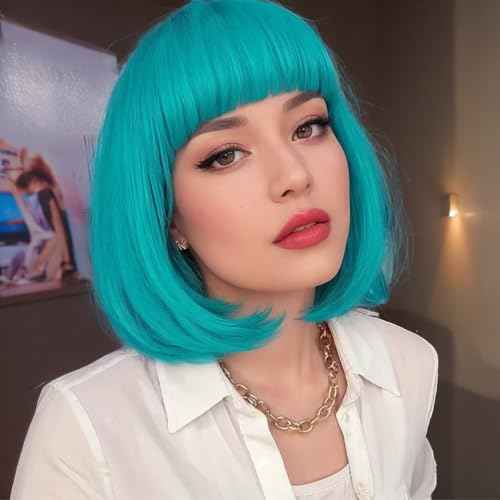 quickwig Short Bob Wig with Bangs Teal Blue Wig Bluish Green Wig Colored Wigs Heat Resistant Synthetic Mermaid Wig Party Cosplay Wigs for Women