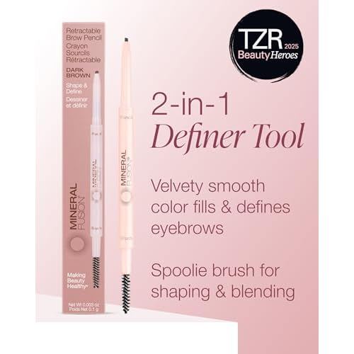 Mineral Fusion Retractable Brow Pencil (Dark Brown) - TZR 2025 Beauty Heroes Award Winner - Shape & Define Eyebrow with Blending Spoolie Brush - Velvety Smooth, Long-Lasting Color - Vegan Formula