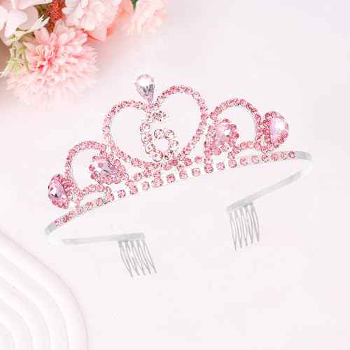 CIEHER 6th Birthday Decorations for Girls - 6th Birthday Crown and Sash with Pearl Pin Set - Pink