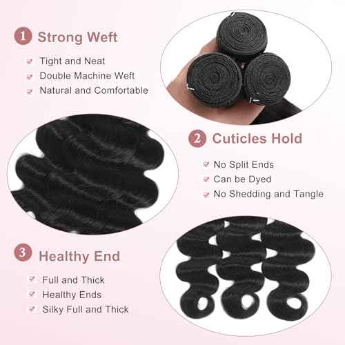 Body Wave Bundles Human Hair 18 20 22 Inch 100% Unprocessed Brazilian Virgin Human Hair Extensions 3 Bundles For Black Women Natural Black