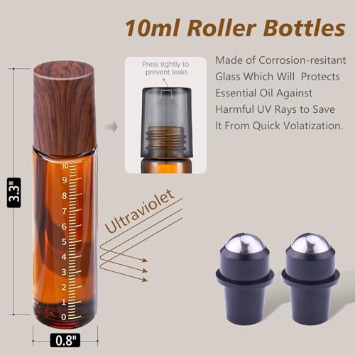 30pcs 10ml Amber Glass Roller Bottles for Essential Oils