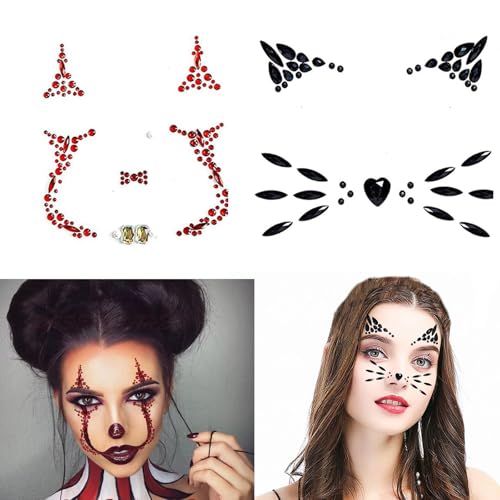 Clown Face Jewel Makeup Sticker Cat Face Gems 3D Gemstone Face Stickers Day of the Dead Temporary Rhinestone Crystal Stones Glitter Body Gems Makeup Stickers for Halloween Carnival Rave Party