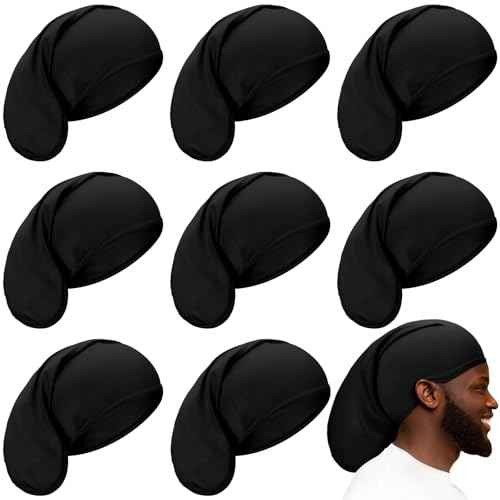 8 Pieces Unisex Dreadlock Cap Dreadlock Spandex Cap Long Hair Dreads Head Wrap Sleep Bonnet Full Cover for Men, 15 x 9 Inch (Black)