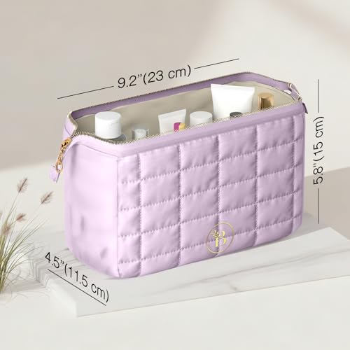 BLOOMORA Quilted Makeup Bag with Wide-Open Top & 3 Pockets
