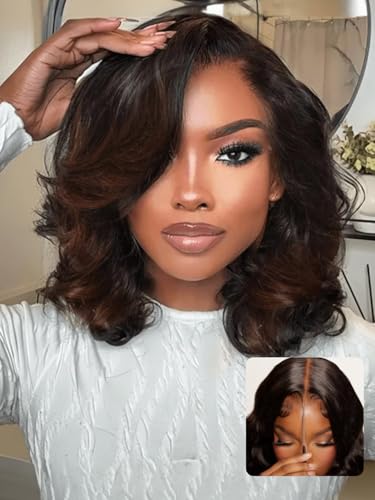 Nadula Balayage Brown Short Bob Wig 12 Inch Loose Wave HD Lace Front Glueless