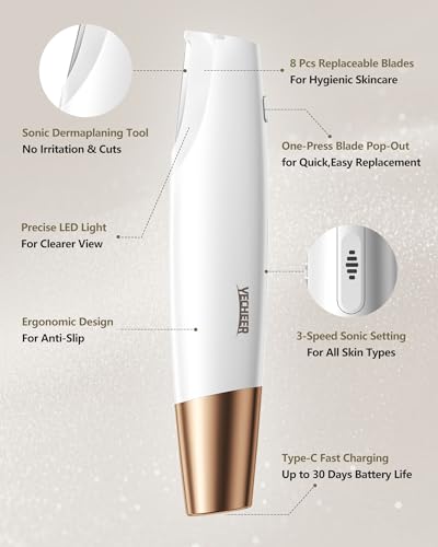 YeCheer Sonic Dermaplaning Tool - Facial Hair Remover with LED & 8 Blades