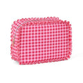 Large Gingham Ruffle Makeup Bag for Women - Travel Cosmetic Organizer
