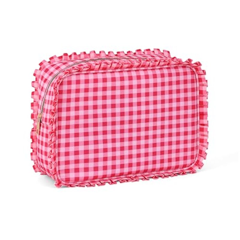 Large Gingham Ruffle Makeup Bag for Women - Travel Cosmetic Organizer