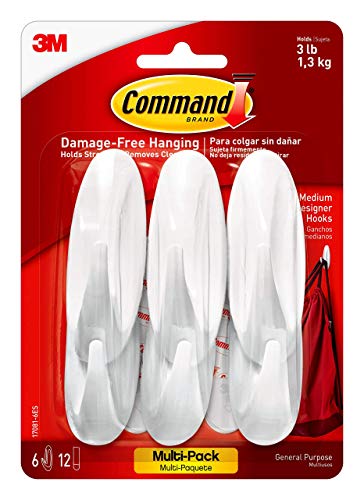 Command Medium Designer Hooks, Holdes up to 3 lb, 6 Wall Hooks with 12 Command Strips, White, Damage Free Hanging Hooks for Hanging Decorations in Living Spaces