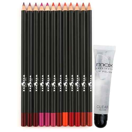 Italia Deluxe Lip Liner Ultra Fine Long-Lasting Pack of 12 and Max Makeup Cherimoya Ultra Fresh Clean Clear Lipgloss Set Variety Bundle (Colors may vary)