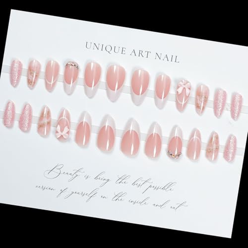 Almond Press On Nails 24pc Medium Pink 3D Bow Glitter