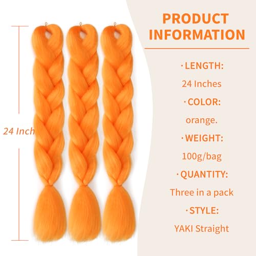 Colorful Braiding Hair Extensions 24 Inch 3 Packs Synthetic High Temperature Jumbo Braids Hair Crochet Hair Extension for Braiding.Orange.