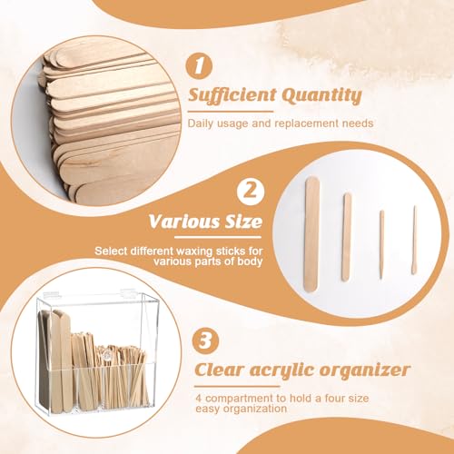 300 Pcs Wood Wax Applicator Kit 4 Style Wax Applicator Sticks with 4 Compartments Waxing Sticks Organizer Small Medium Large Waxing Applicators Waxing Sticks Assorted for Body Legs Face Nose Eyebrows