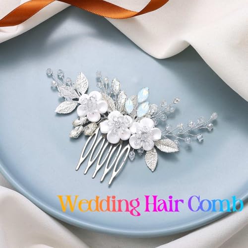 Silver Bridal Hair Comb with Rhinestones & Flowers