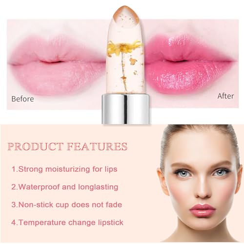 Color Changing Flower Lipstick - Hydrating Jelly Lip Balm with Flower Inside, Long Lasting Moisturizing Gloss, Nourishing Lip Care (Pink Tube-Pink)
