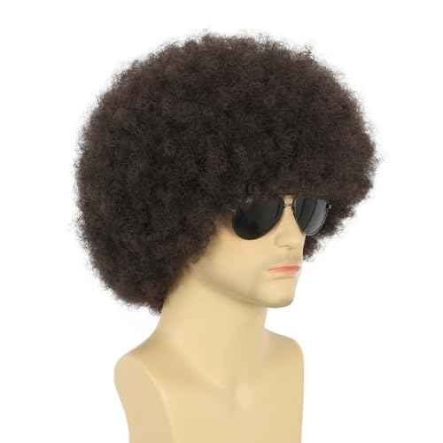 karlery Adult Men Women Afro 70s 80s Curly Dark Brown Wig Rocker Party Wig California Halloween Costume Wig