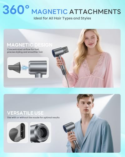 DZDVO Ionic Blow Dryer Gray with Nozzle - Fast 110,000RPM Hair Dryer