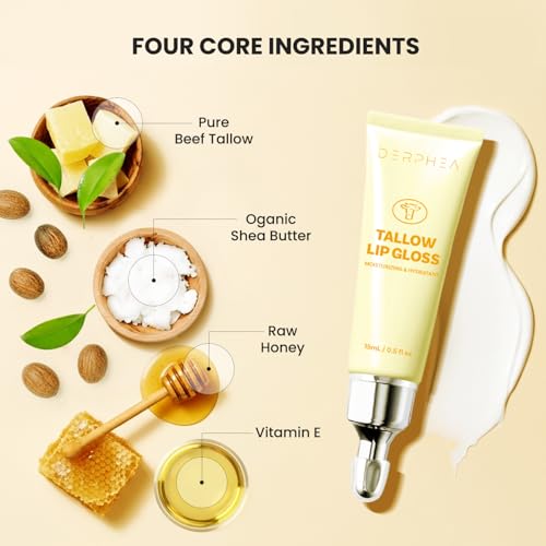 Organic Beef Tallow Lip Balm ? 8H Moisturizing for Dry Lips, Glossy Shine & Soft Lips - Overnight Lip Mask & Daytime Moisturizer with Shea Butter & Vitamin E, 2 Tubes