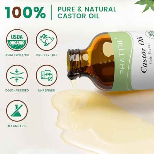 PHATOIL Organic Cold Pressed Castor Oil, 236ml/8fl.oz Glass Bottle with Pump Dispenser, USDA Certified Organic, Rich in Omega Fatty Acids, Ideal for Hair and Skin Care