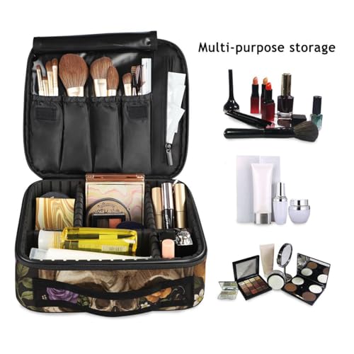 ALAZA Travel Makeup Case, Day of The Dead Skull Rose Humming Bird Dia Muertos Cosmetic toiletry Travel bag for Women Girls