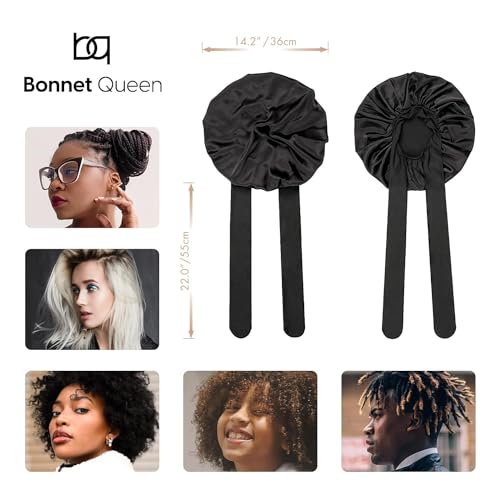 BONNET QUEEN Silk Bonnet for Sleeping Women Satin Bonnet Hair Bonnet night sleep cap scarf wrap for curly hair With Tie Band Black