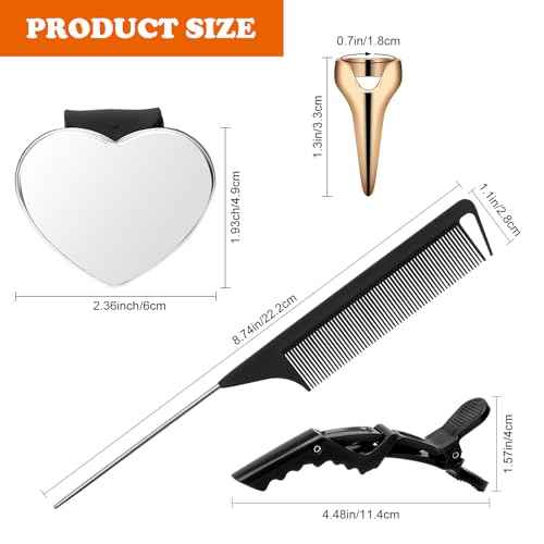 17 Pieces Hair Parting Tools Set Heart, Included 8P Hair Parting Ring 2P Metal Rat Tail Comb 6P Hair Sectioning Clip with 1P Magnetic Wrist Sewing Pin Holder for Braiding (Black)