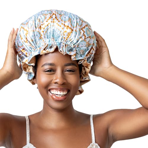 Bounce Curl Reversible Satin Night Cap for Curly Hair - Blue, Adjustable Bonnet
