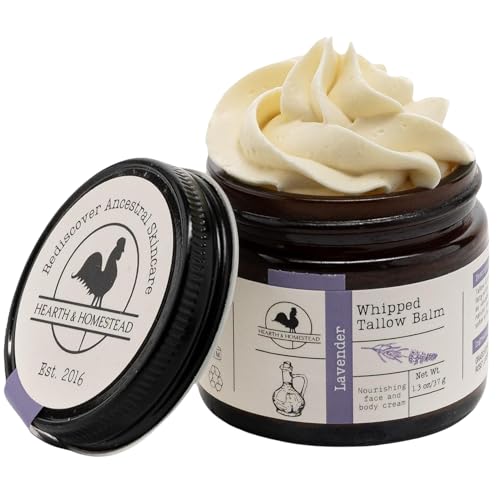 Hearth & Homestead Whipped Beef Tallow for Skin & Face - 100% Grass Fed Eczema Cream & Body Butter with Lavender, 1.3oz