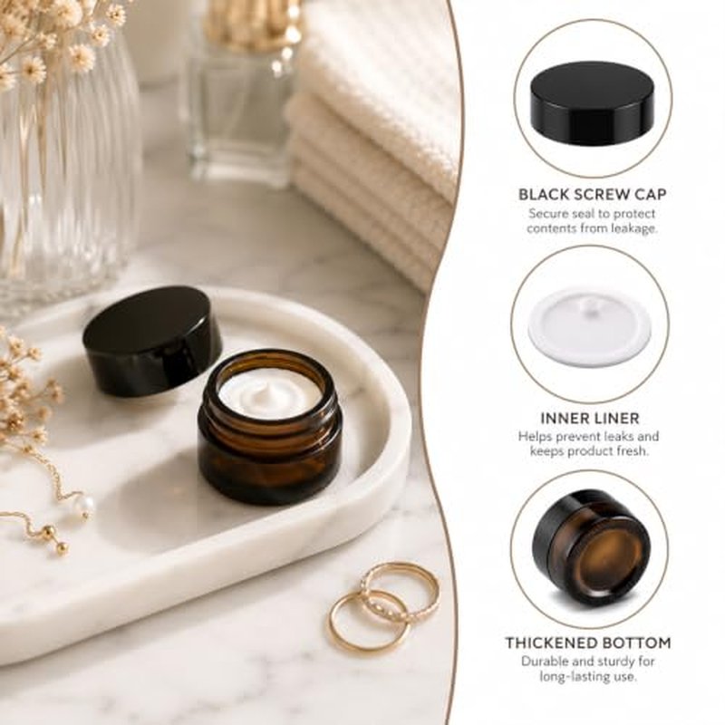 12Pcs Amber Glass Jars with Black Lids - 5ml Refillable Cosmetic Containers