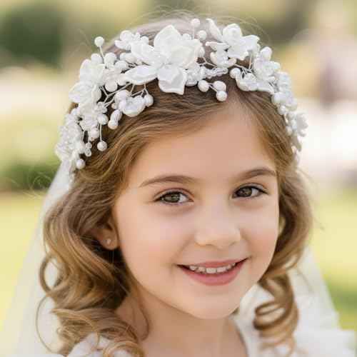 Woeoe Pearl Flower Girl Headpiece, Communion Headband, White Hair Accessories for Girls
