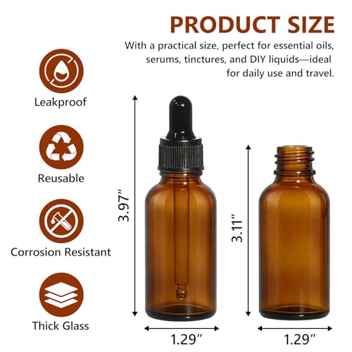 80 Pack 1oz Amber Glass Dropper Bottles, Leakproof 30ml