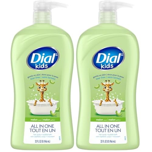 Dial Kids All-in-1 Body Wash + Hair + Bubble Bath, Melon Scent, 32 Fl Oz, Hypoallergenic Body Wash & Shampoo, No Tears Formula for Kids 2+ Years, No Parabens & Silicones (Pack of 2)