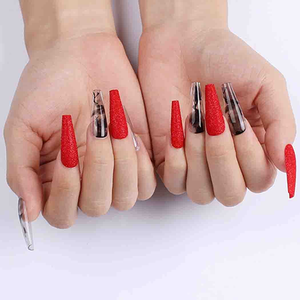 Outyua Smoke Pattern Fake Nails Coffin Red&Black Extra Long Press on Nails with Designs Ballerina Acrylic Glossy False Nails Designer Full Cover Artificial Nails for Women and Girls 24Pcs (Red)