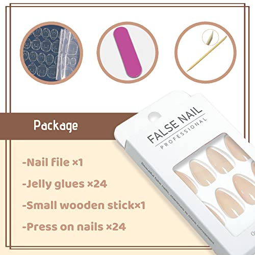 YOSOMMK Nude Press on Nails Almond Shaped Fake Nails Medium Glossy Stick on Nails Natural Full Cover False Nails Acrylic Glue on Nails for Women