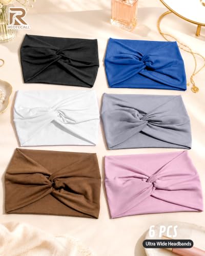 Sea Blue Extra Wide Non-Slip Headbands 6 Pack for Women, Moisture-Wicking Yoga & Workout Bands
