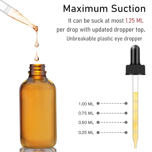 Amber Glass Dropper Bottles 4oz - 6 Pack with Pipettes & Labels