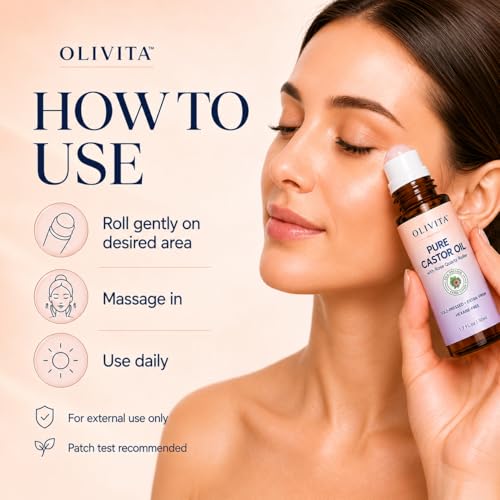 OLIVITA Organic Castor Oil with Rose Quartz Roller for Face & Brows