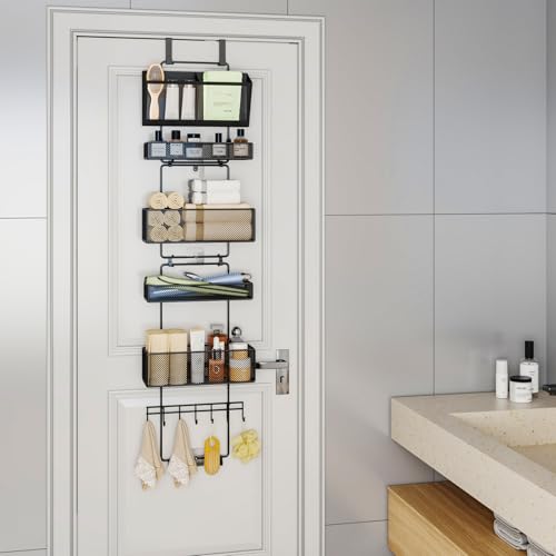 HapiRm 6-Tier Over-the-Door Organizer with Visual Pockets & Hooks (Hooks Style, Black) – Includes 4 Large Baskets