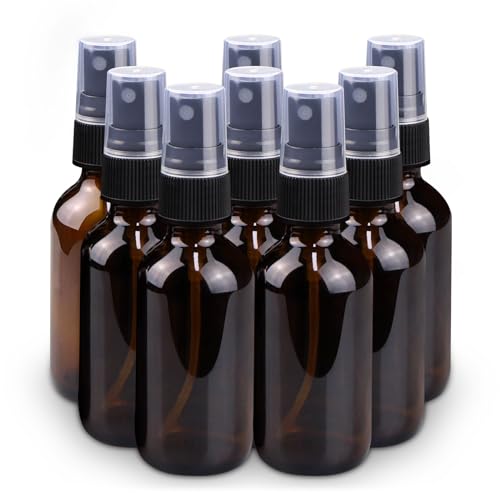 Wedama 2oz Glass Spray Bottles - Refillable Amber Fine Mist Containers for Gardening & Cleaning (8 Pack)