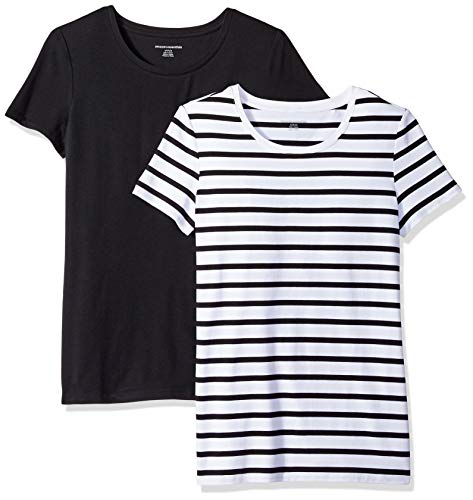 Amazon Essentials Women's Classic-Fit Short-Sleeve Crewneck T-Shirt, Pack of 2, Black/White Stripe, X-Small