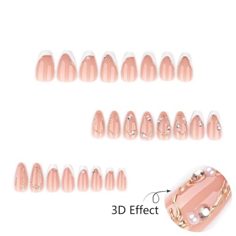 Medium Almond Press On Nails - Milky Nude with French Tips & Gold Accents
