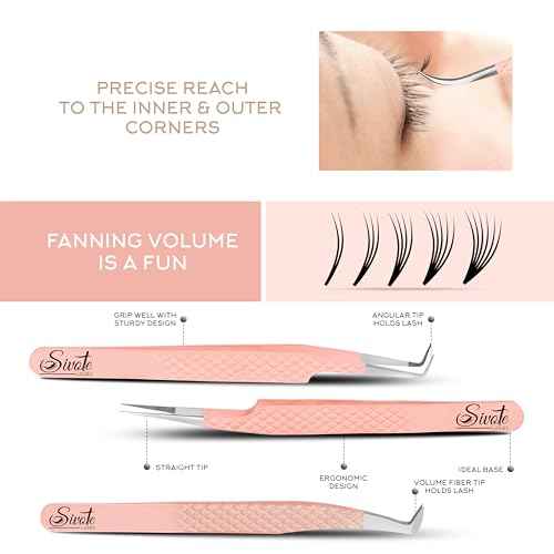 SIVOTE Lash Tweezers for Eyelash Extensions, Pack of 5 Peach ? Lash Extension Tweezers Set with Diamond Grip, Precision Fiber Tip for Volume Eyelash Extensions
