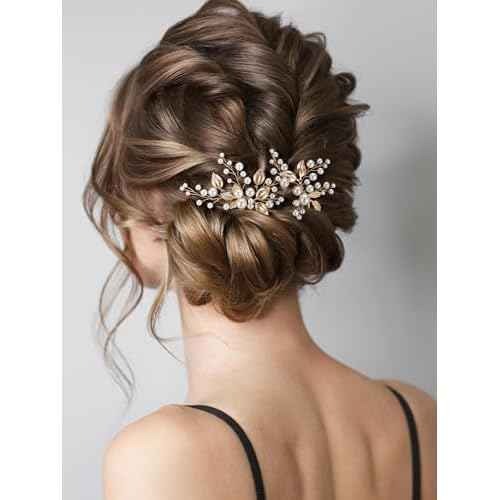 SWEETV 2Pcs Bridal Hair Accessories Pearl Bride Wedding Hair Pins Leaf Bridal Head Piece Rhinestones Hair Jewelry Gold Hair Accessories for Women and Girls