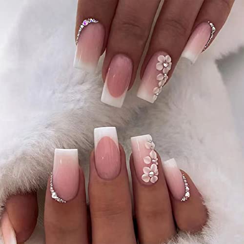 Pale Pink Press on Nails Medium Square Fake Nails with Flower Rhinestone Designs Glossy Full Cover Glue on Nails Acrylic French False Nails Stick on Nails for Women Girls